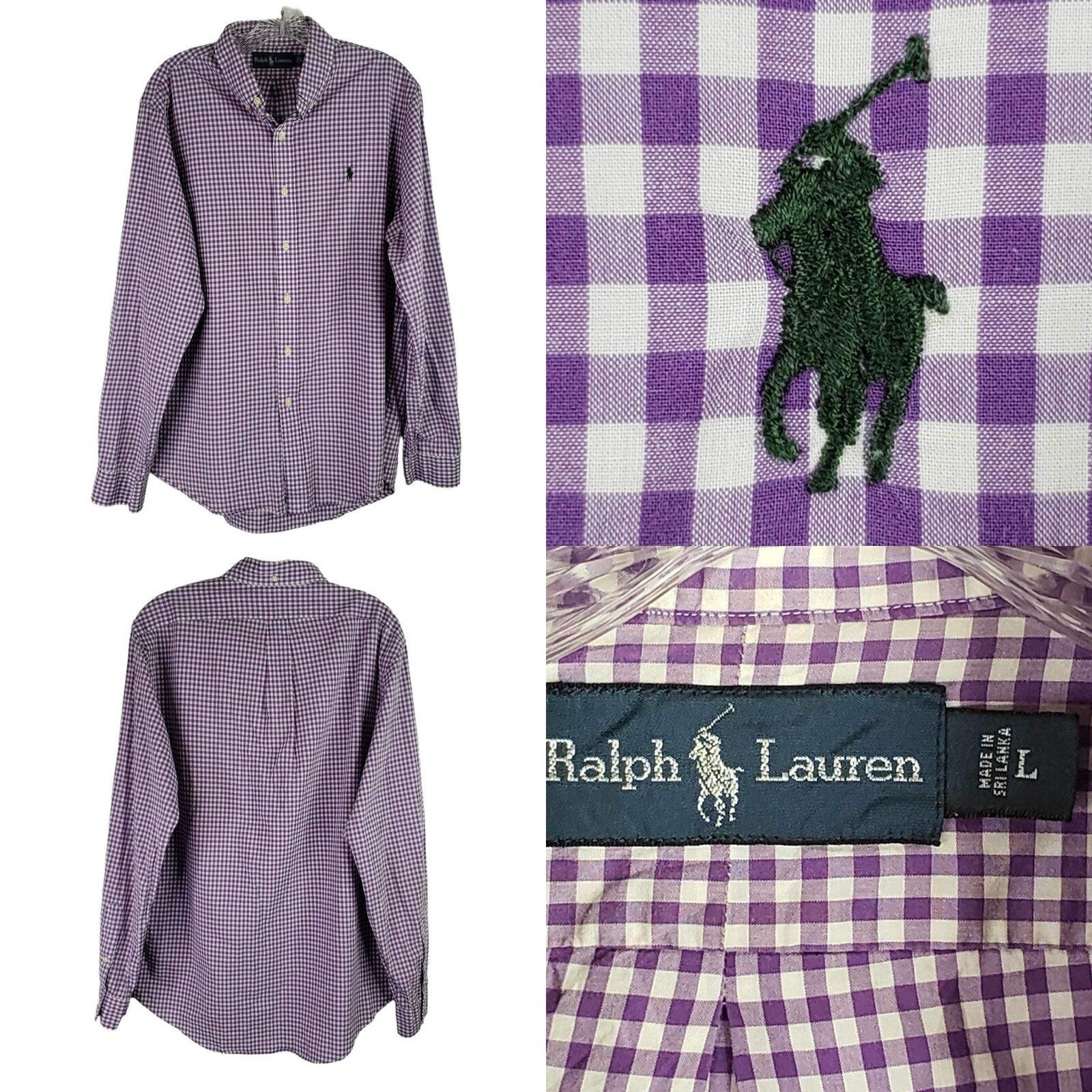 Polo Ralph Lauren Oxford Camicia Uomo L Viola a quadri LS pony abbottonata