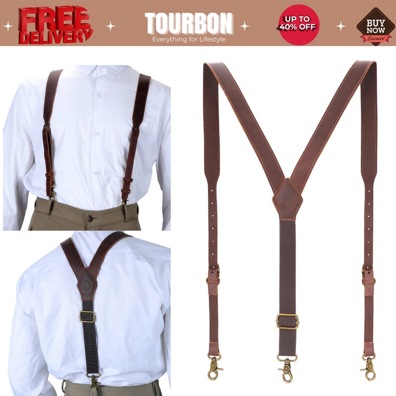 Tourbon Men's Suspenders Y Back Adjustable Leather Y-Shaped 3 Hooks Pants Braces