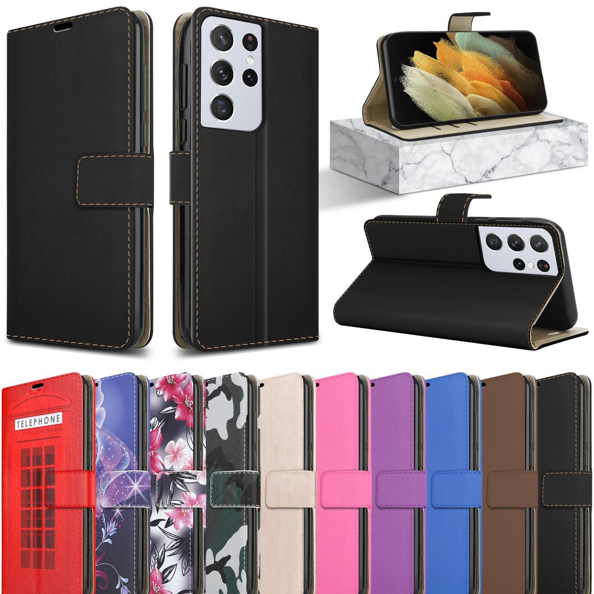 For Samsung Galaxy S21 FE Plus Ultra 5G Case, Leather Wallet Stand