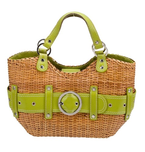 RAFE Leather Trim Bamboo Shoulder Bag Straw Green Brown Bag - Picture 3 of 9