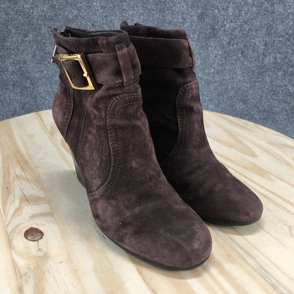 Tory Burch Botas Mujer 8 M Deanna Botín Negro Gamuza Cuero Tacones de Cuña Foto 2 de 4