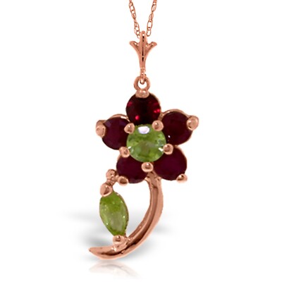 14K. GOLD FLOWER NECKLACE WITH RUBIES & PERIDOTS (Rose Gold)