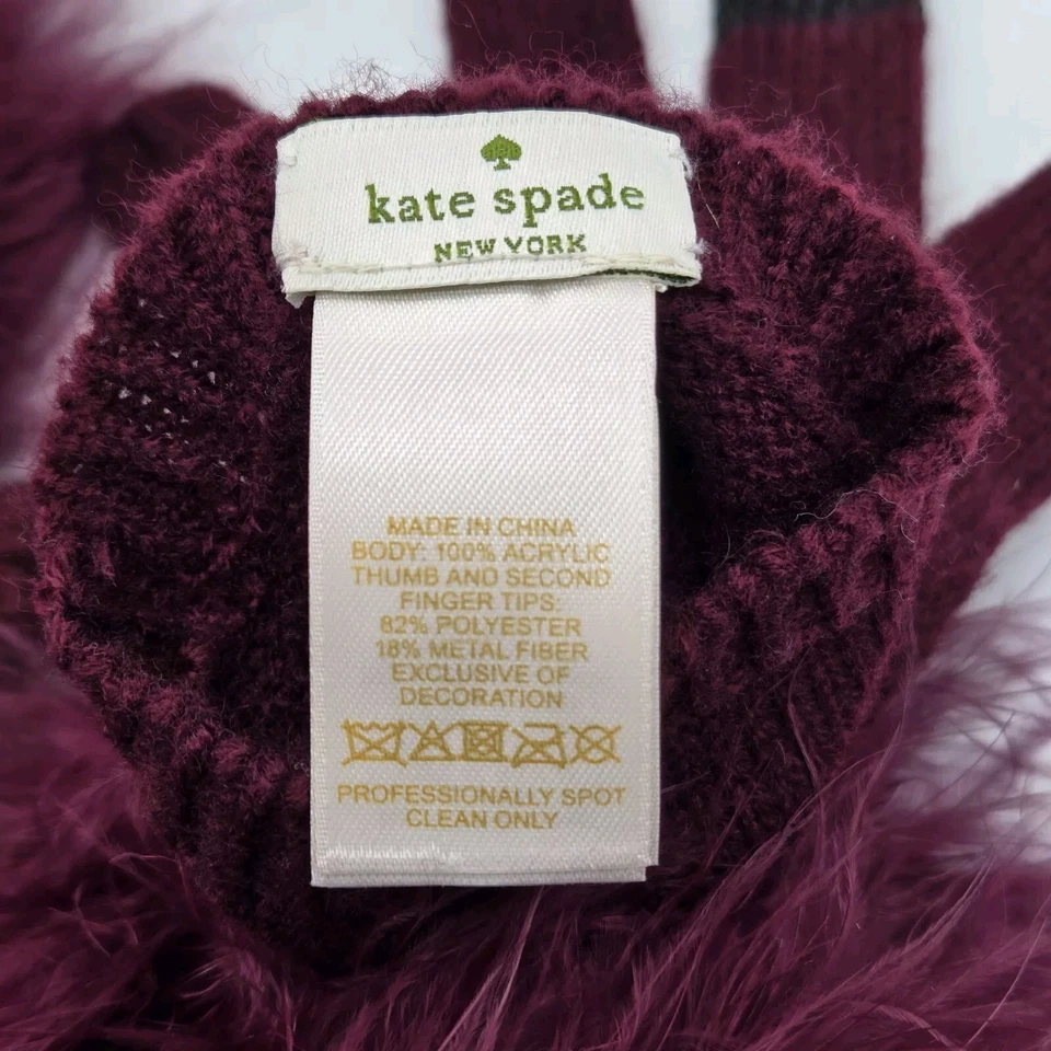 Guantes Kate Spade Pantalla Táctil Tejidos Piel de Zorro Pompones Burdeos Borgoña S/M Foto 3 de 4