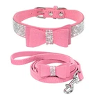 Rhinestone Dog Collar and Leash Soft Suede Bow Necklace for Puppy Cat Small Dogs
