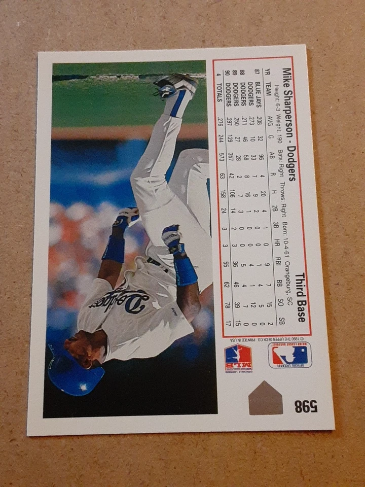 Mike Sharperson Los Angeles Dodgers 1991 Upper Deck #598 MLB Baseball Card LA 3B - Image 4 of 4
