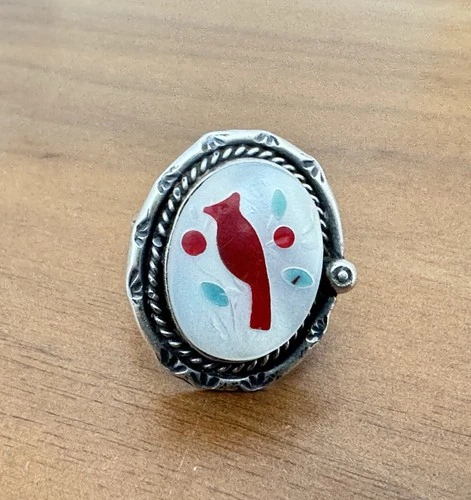 Vintage Zuni Silver cardinal ring, inlaid (J760) size 5.5