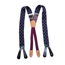 Vintage Cole Haan Suspenders Blue Burgandy Brass Leather Button Braces