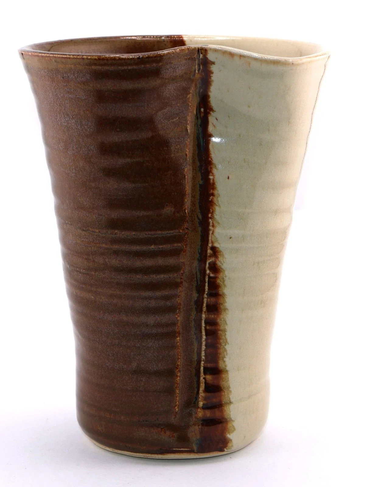 Handmade Ceramic Vase With Brown & Cream Two-Tone Design Artist Signed heg or he