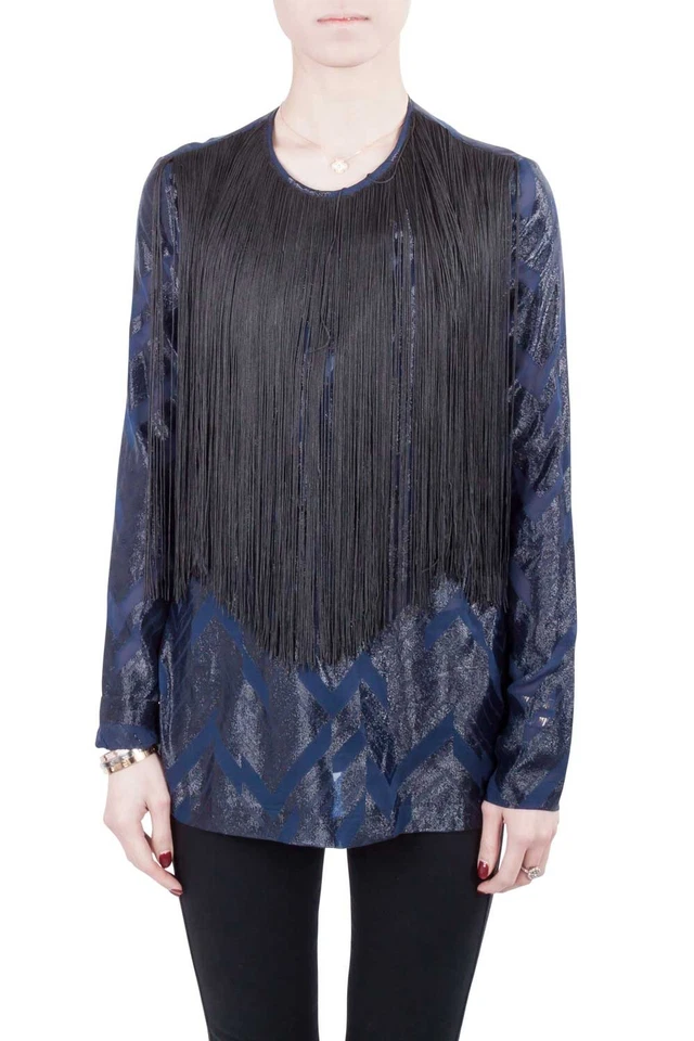 Yigal Azrouel Navy Blue Chevron Pattern Silk Fringe Detail Blouse S