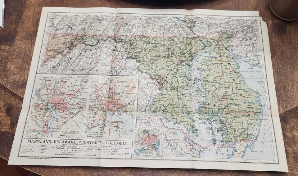 Litografía original 1927 mapa de Maryland, Delaware y Distrito de Columbia... Foto 4 de 4