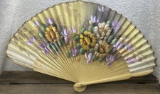 Vintage Hand Fan Wood and Fabric Floral Painted Design