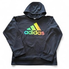adidas Boys Pullover Hoodie Black Multicolor Logo M 10/12 Fleece