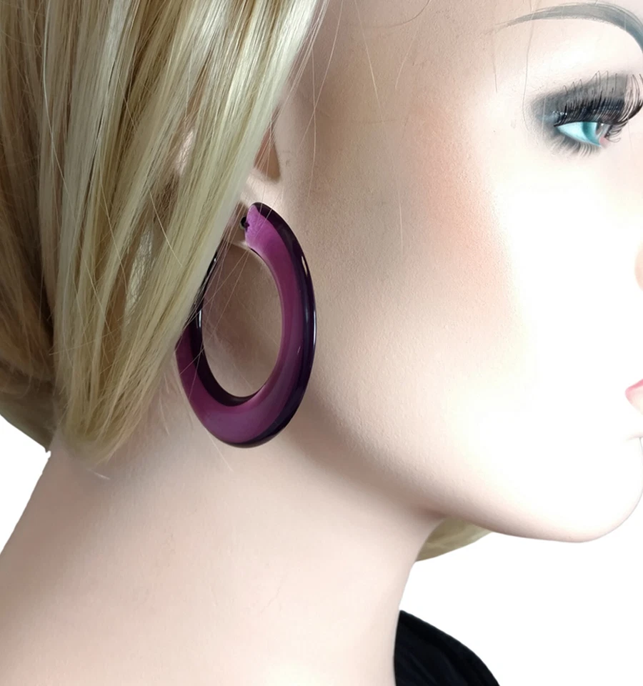Clear Purple Lucite Earrings Hoop Large Big Bold Statement Wide Flat 2 1/4" - Image 2 of 4