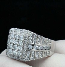 Men's 3 Ct Round Cut Real Moissanite Cluster Wedding Ring 14k White Gold Plated