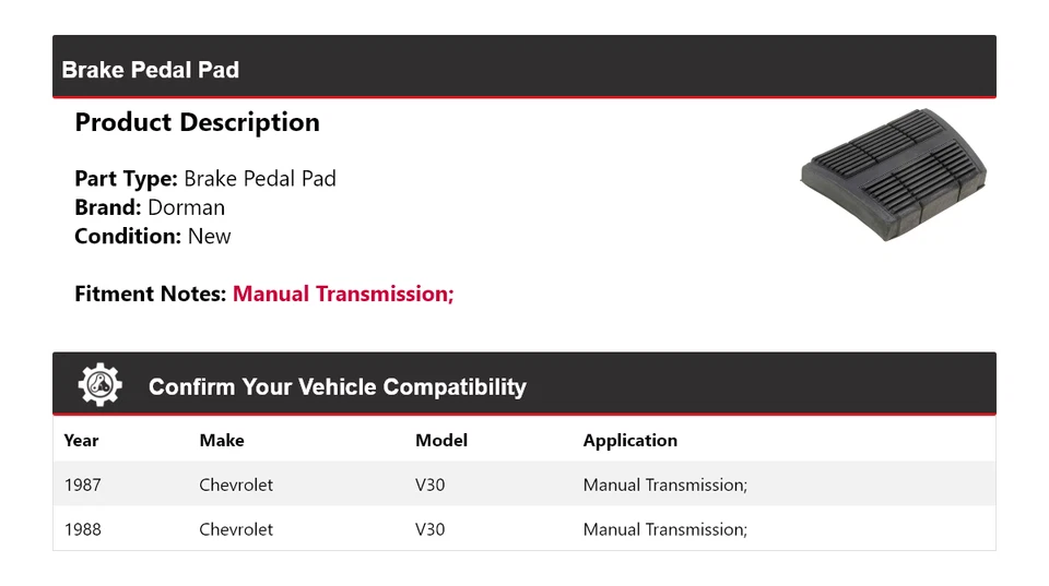 Pastilla de pedal de freno para Chevrolet V30 Dorman 1987-1988 Foto 2 de 4
