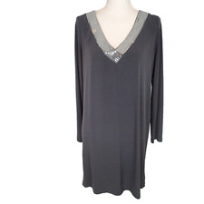 Calvin Klein Long Sleeve Dark Grey V Neck Sequin cowl back Cocktail Dress Size 8