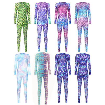 Womens Fish Scale Print One Piece Rompers Cosplay Jumpsuit Athletic Bodysuit