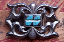 Vtg Sterling Silver Cast Hand Made Native American Turquoise Western Belt Buckle