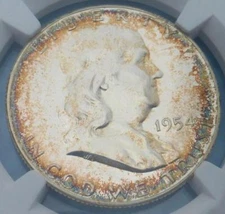 1954 NGC PF67 Franklin PROOF Silver Half Dollar, COLOR TONE 50C, Simi Key Date