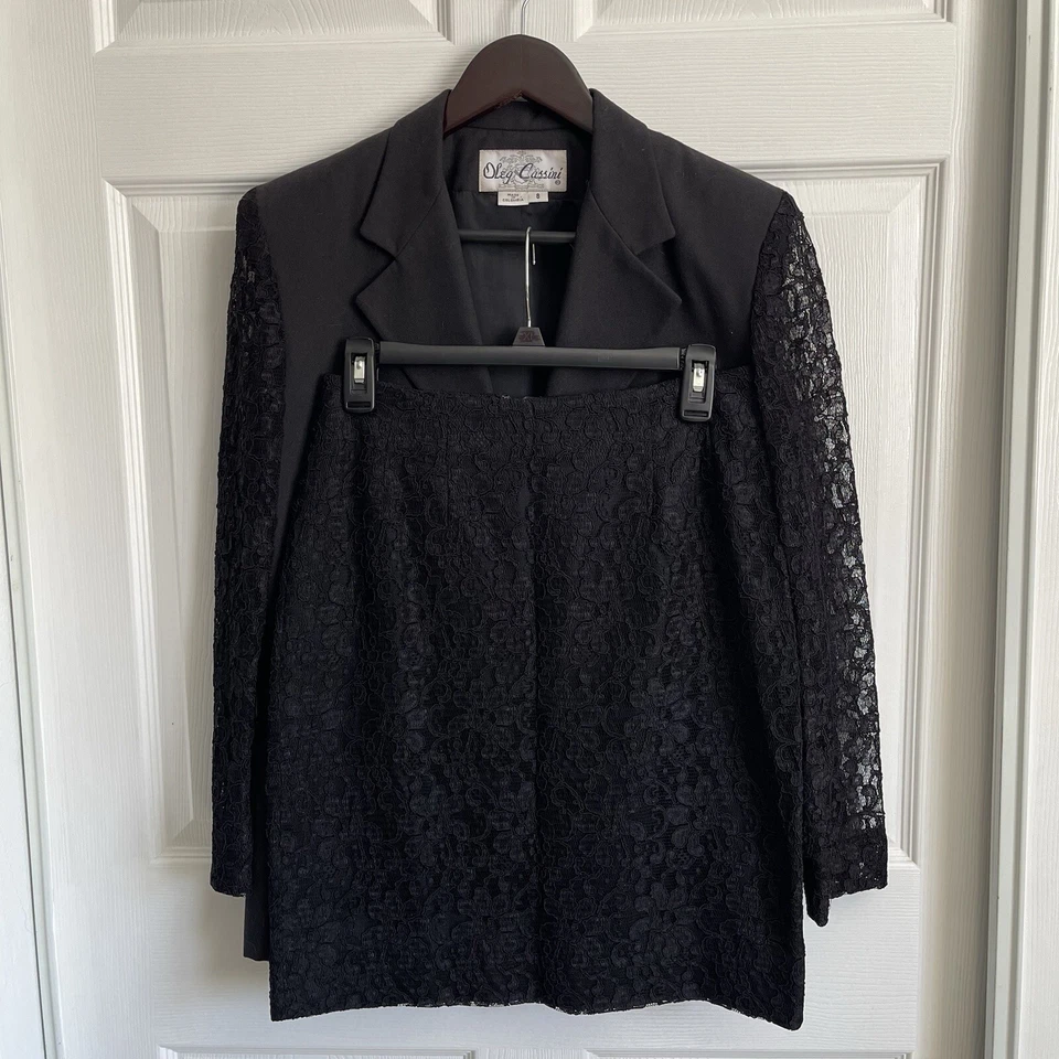 Traje Falda Formal Negro De Colección Oleg Casini 2 Piezas Encaje Cóctel Fiesta Boda Talla 8 Foto 2 de 4