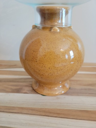USA Made Pottery Candle Holder w/ Brown Glaze, Hand Made w/ Glass Chimney 13" - Picture 2 of 4