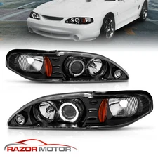 94-98 Ford Mustang Angel Eye Halo Ring Projector Black Headlights LH+RH Lamps 97