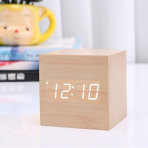 New Digital Wooden LED Alarm Clock Desktop Table Decor Thermometer Voice Control - Picture 20 of 28