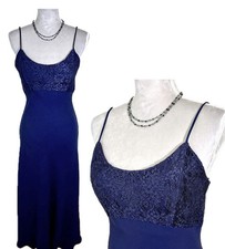 VTG 90s Hampton Nites Dress 8 Maxi Gown Slip Navy Blue Lace Goth Whimsigoth Prom