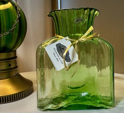 Blenko Double Spout Water Pitcher Green Handblown Glass. Dated 2011. New