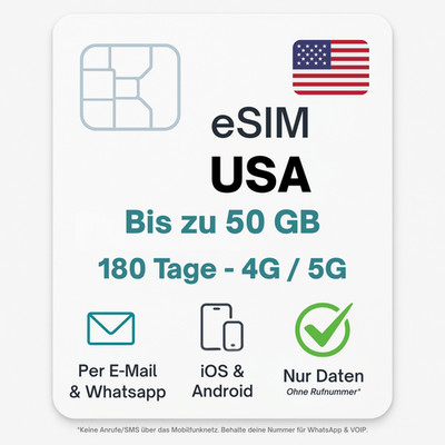 eSIM USA bis zu 50GB Mobile Data digitale e SIM United States Vereinigte Staaten