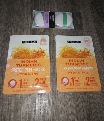 NEW Freeman 2 Step Face Mask Hydrating Indian Turmeric Plus 2 Pack Deluxe Puffs