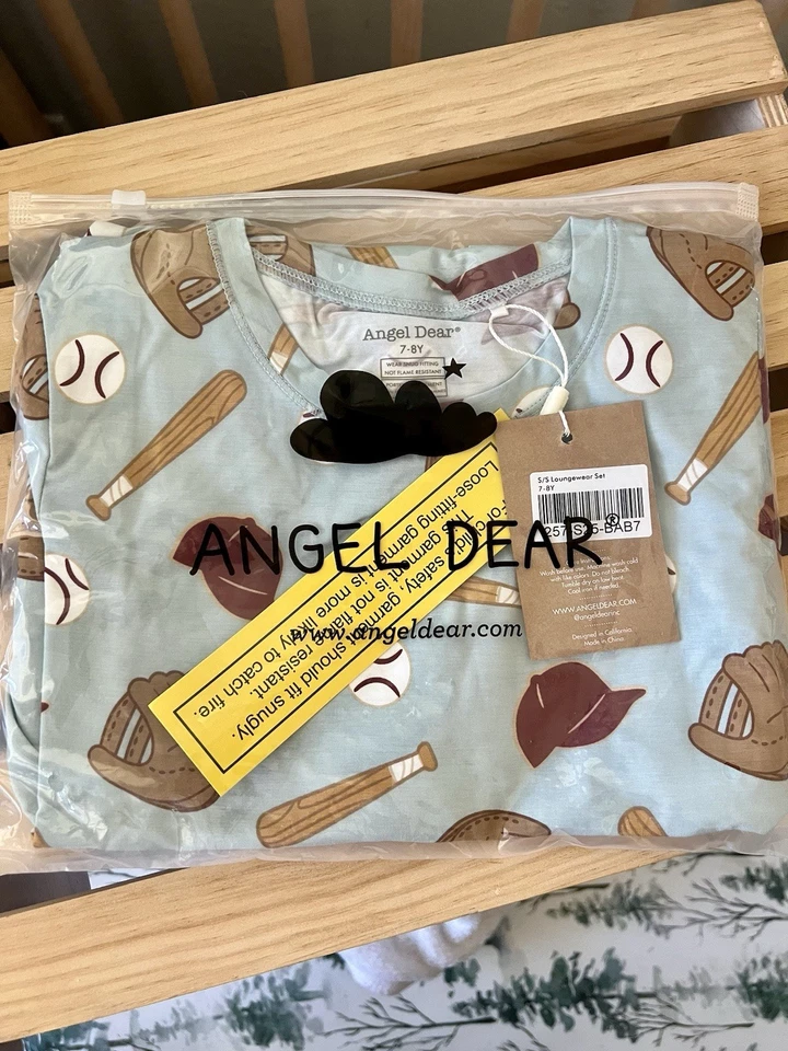 *New In Bag* Angel Dear 7-8Y Bamboo Short Sleeve Lounge Wear Set Baseball - Image 1 of 4