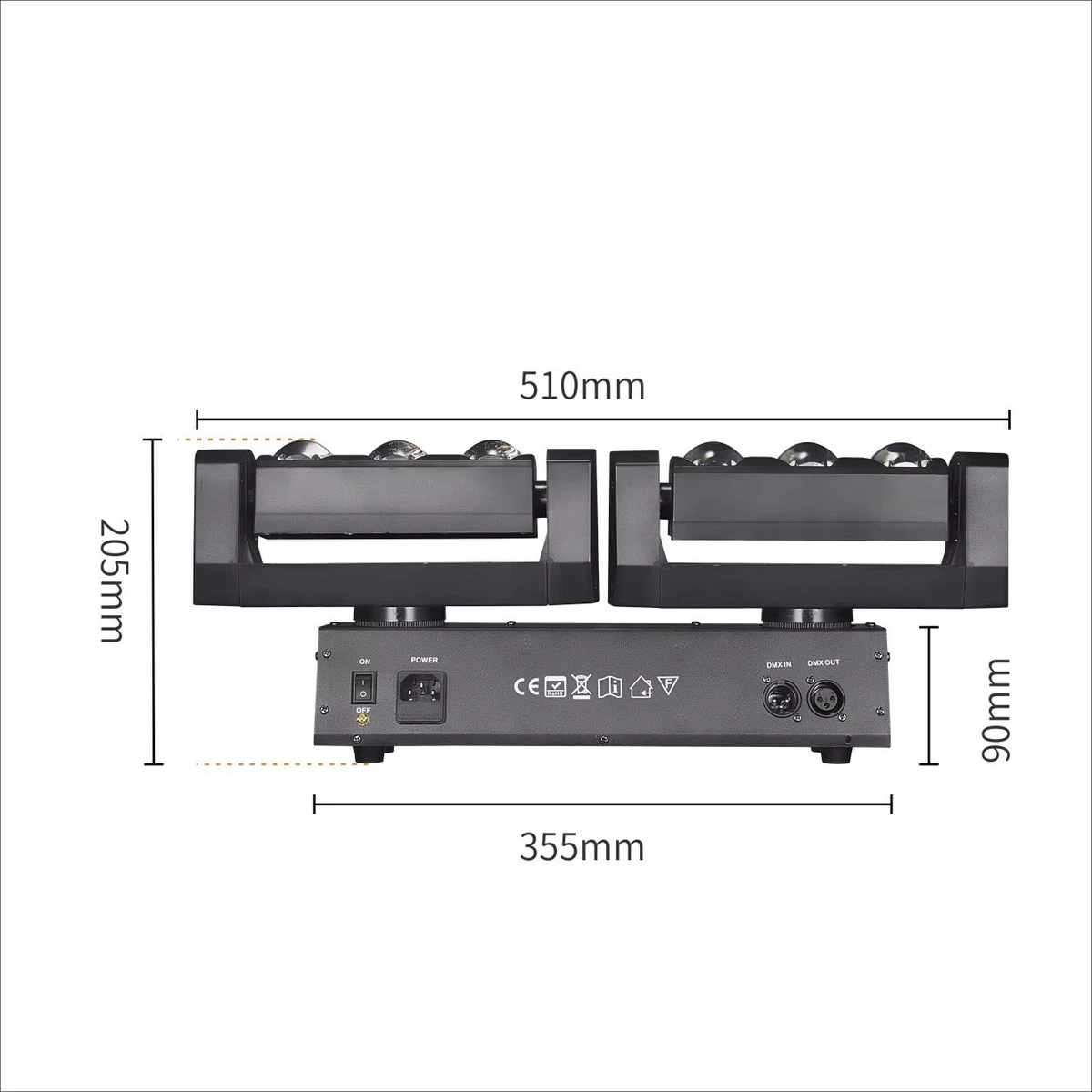 Tira LED RGBW 6x20W, cabezal móvil de dos brazos, iluminación DMX, COCHE