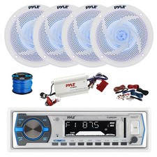 Pyle BT Marine MP3 Receiver, BT Amp w/Kit, 4X 5.25" 180W LED White Speakers,Wire
