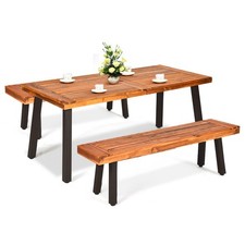 3 Pieces Picnic Dining Table Set Acacia Wood Rustic Metal w/Umbrella Hole Brown