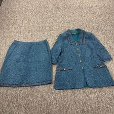 St John Skirt Suit Women 12 Teal Tweed Textured Wool Blazer Jacket Mini Pencil