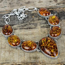 Natural Baltic Amber Gemstone Necklace 925 Sterling Silver Statement Jewelry
