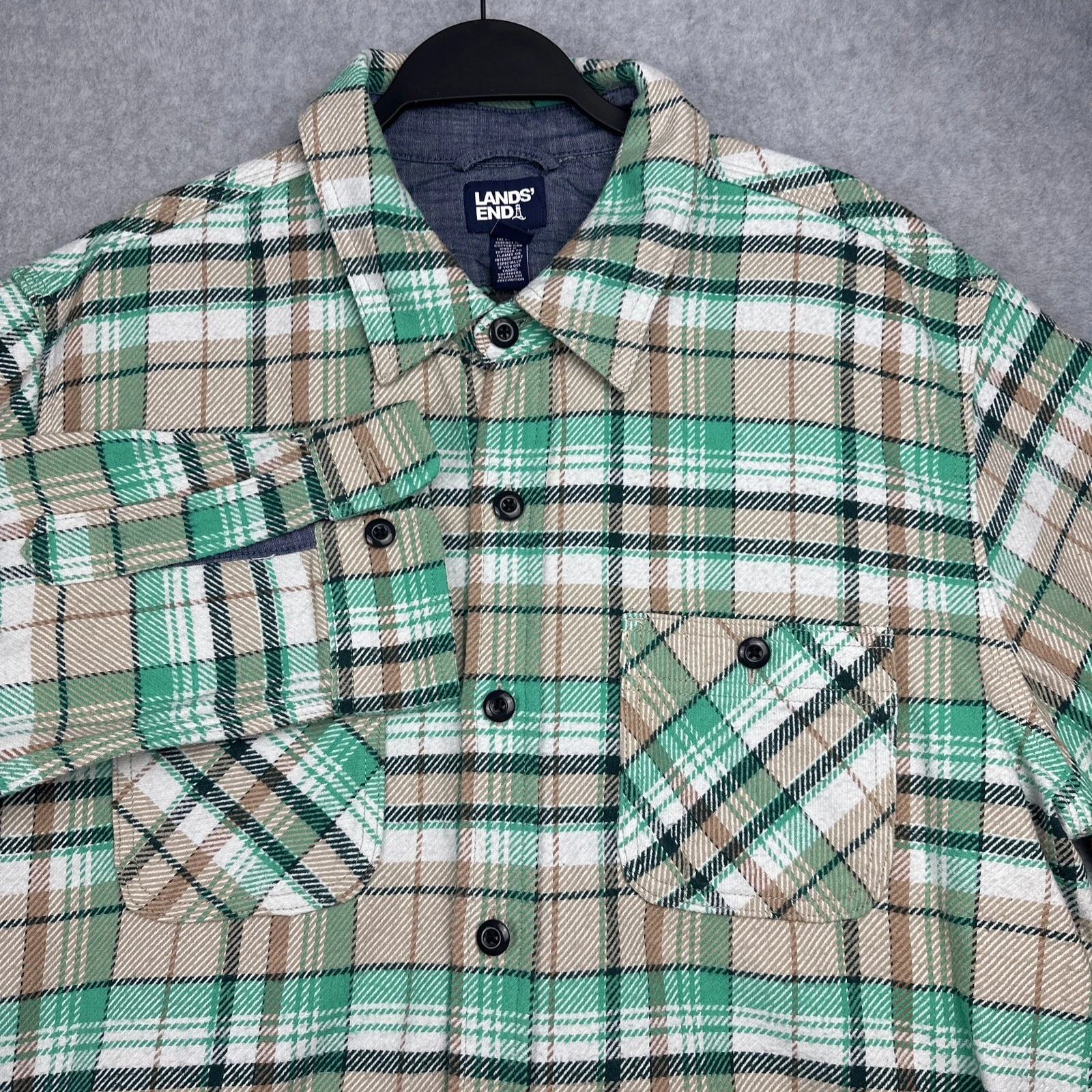Lands End Shirt Mens XL Button Up Green Plaid Flannel Shacket Outdoors Camp Hike
