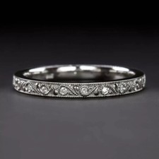 Art Deco Vintage Round Cut Lab Created Diamond Millgrain 925 Silver Wedding Band