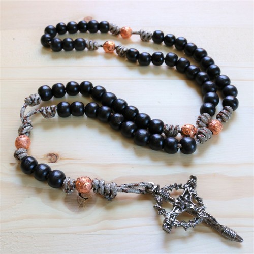 Rosary Camo Paracord Wood Black Copper Wearable Rope Cord Catholic Rosario - Picture 5 of 10