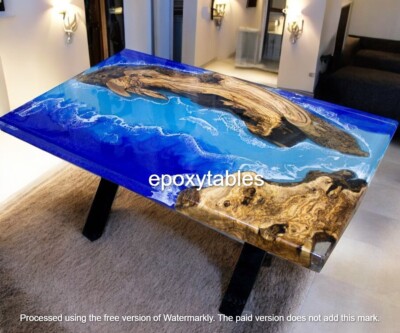 48''x24'' Blue Wave Epoxy Resin Dining Table Top Wooden Live Edge Hallway Decors