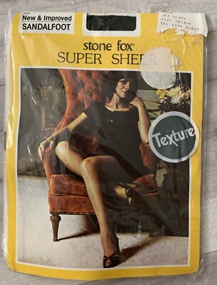 Stone Fox Super Sheer Pantyhose Texture Sandalfoot Vintage Sz Medium Jet Black