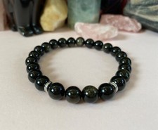Men's Golden Black Obsidian Gemstone Bracelet. 8 inch. Handsome.