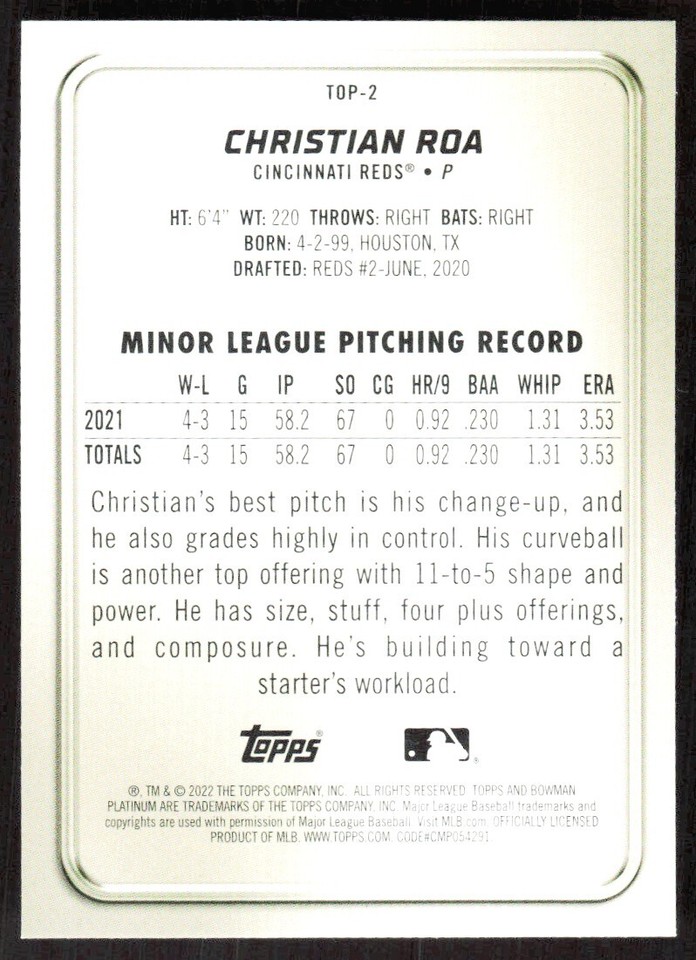2022 6512B Bowman Platinum Top Christian Roa Cincinnati Reds #TOP-2 | eBay