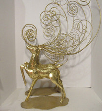 Vintage Christmas Tabletop Ornate Gold Metallic Large Reindeers. Lot of 2, L 24"