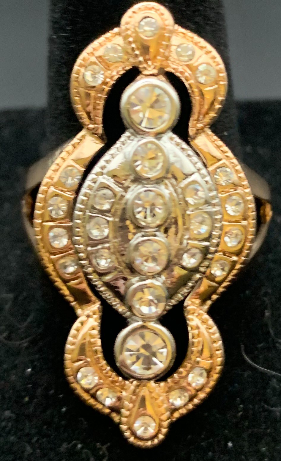 Vintage Antique Gold Tone Rhinestone CZ Cocktail Ring - Size 9