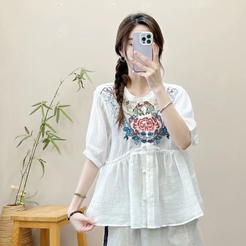 Shirt Retro Loose Ethnic Cotton Linen Embroidered Tops Chinese Summer Cardigan - Picture 21 of 26