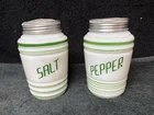 Vintage Hazel Atlas White Green Stripe Milk Glass Barrel Salt & Pepper Shakers