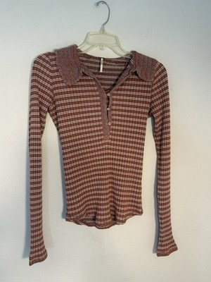 Free People Delilah Ribbed Henley Top Rust S boho crochet indie retro layers