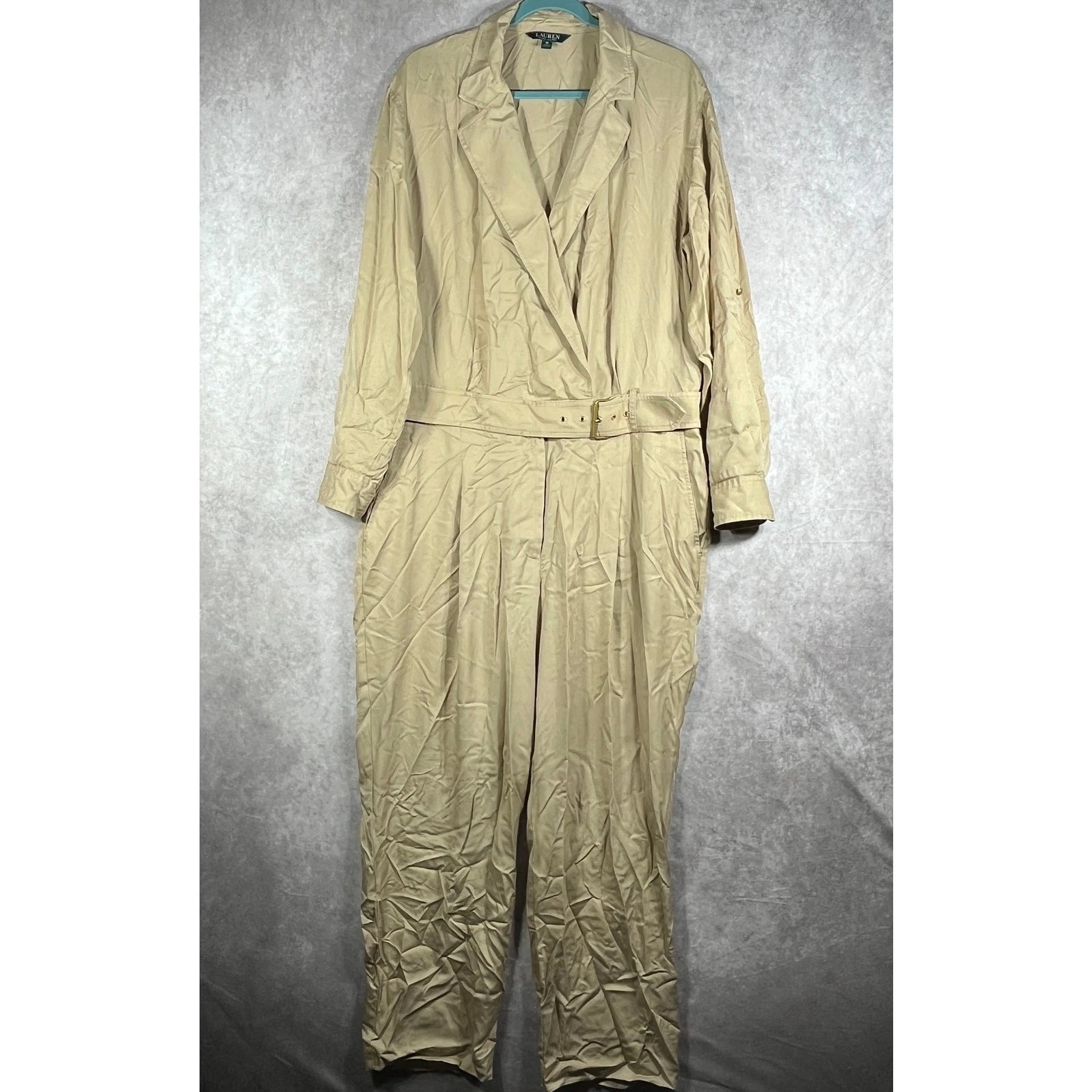Lauren Ralph Lauren Jumpsuit Womens Size 16 Tan Khaki Belted Long Sleeves Safari